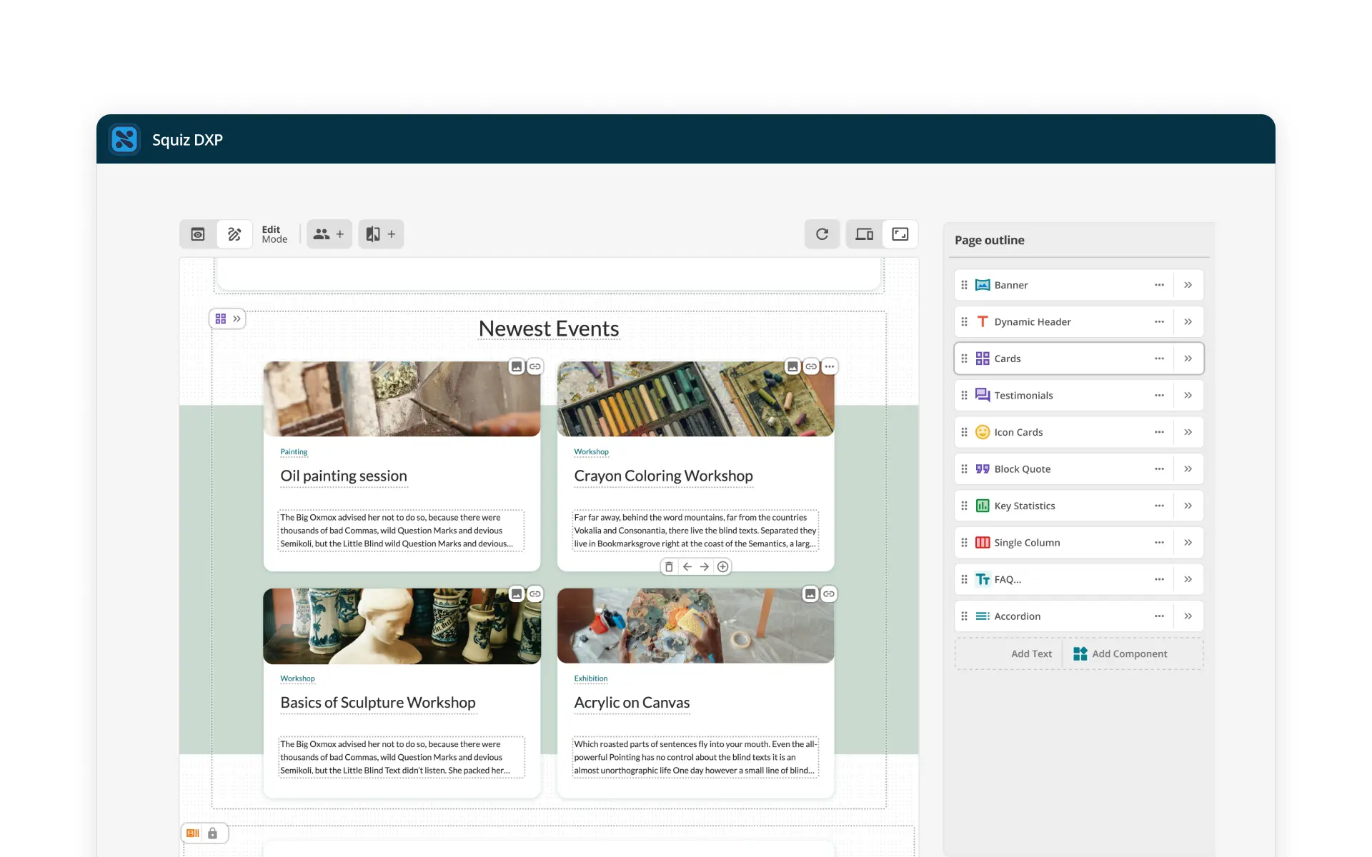Squiz DXP's visual page builder, showing an event page within an inline editing interface. A 