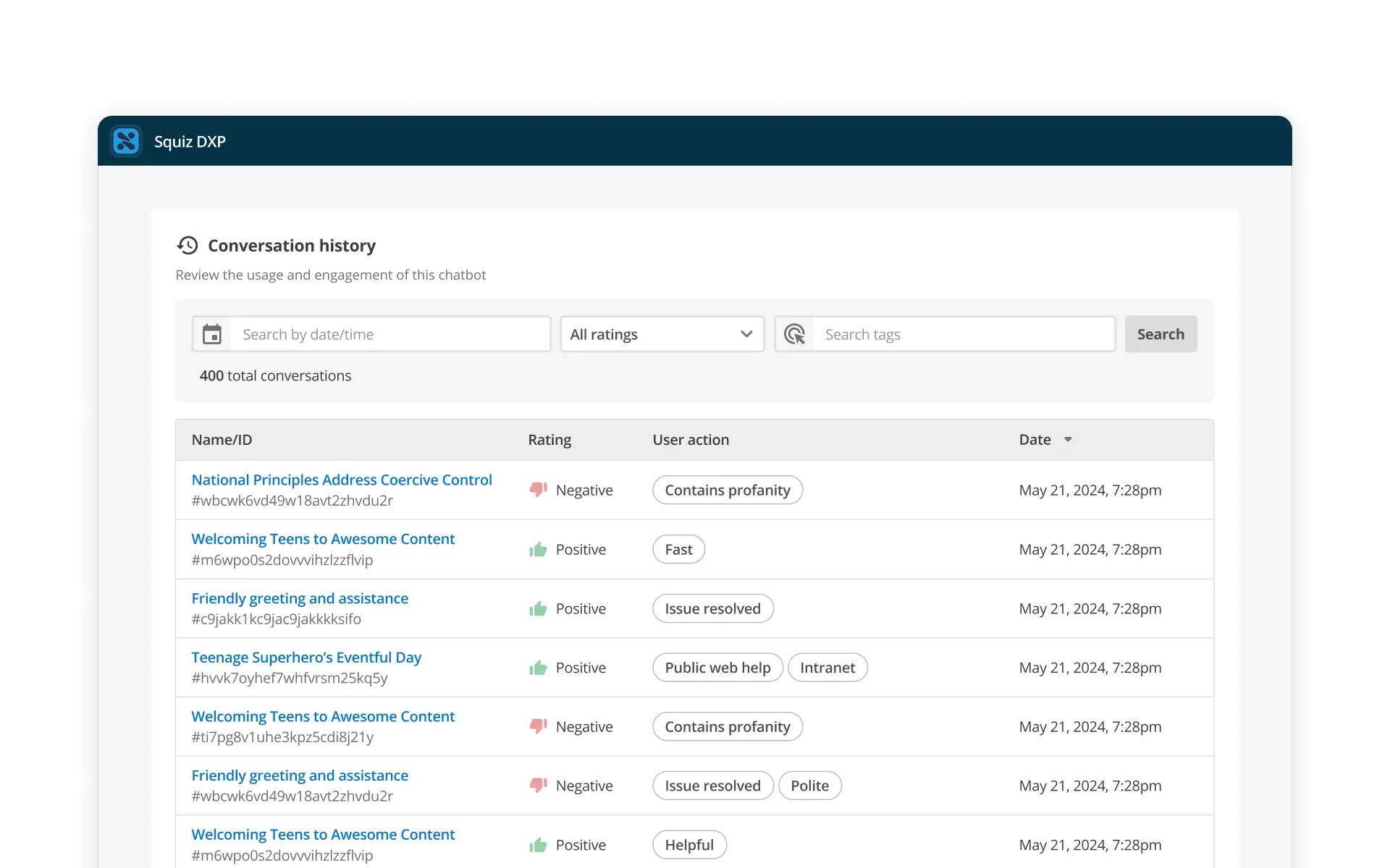 An admin dashboard showing conversation history from a conversational search interface. The page displays a list of user interactions with ratings, tags, and timestamps, allowing administrators to monitor usage, review user feedback