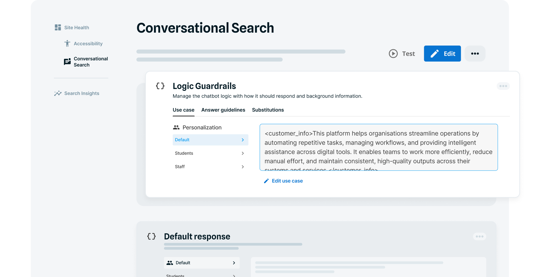 Example Squiz interface showing  how Squiz conversational search maintains control