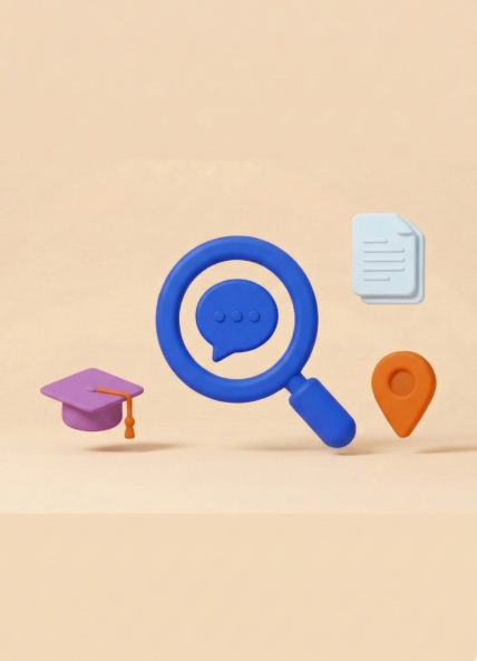 Graphic with a search icon and a graduation cap