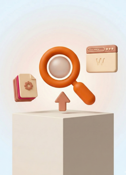 Graphic of a search magnifying glass, website and files
