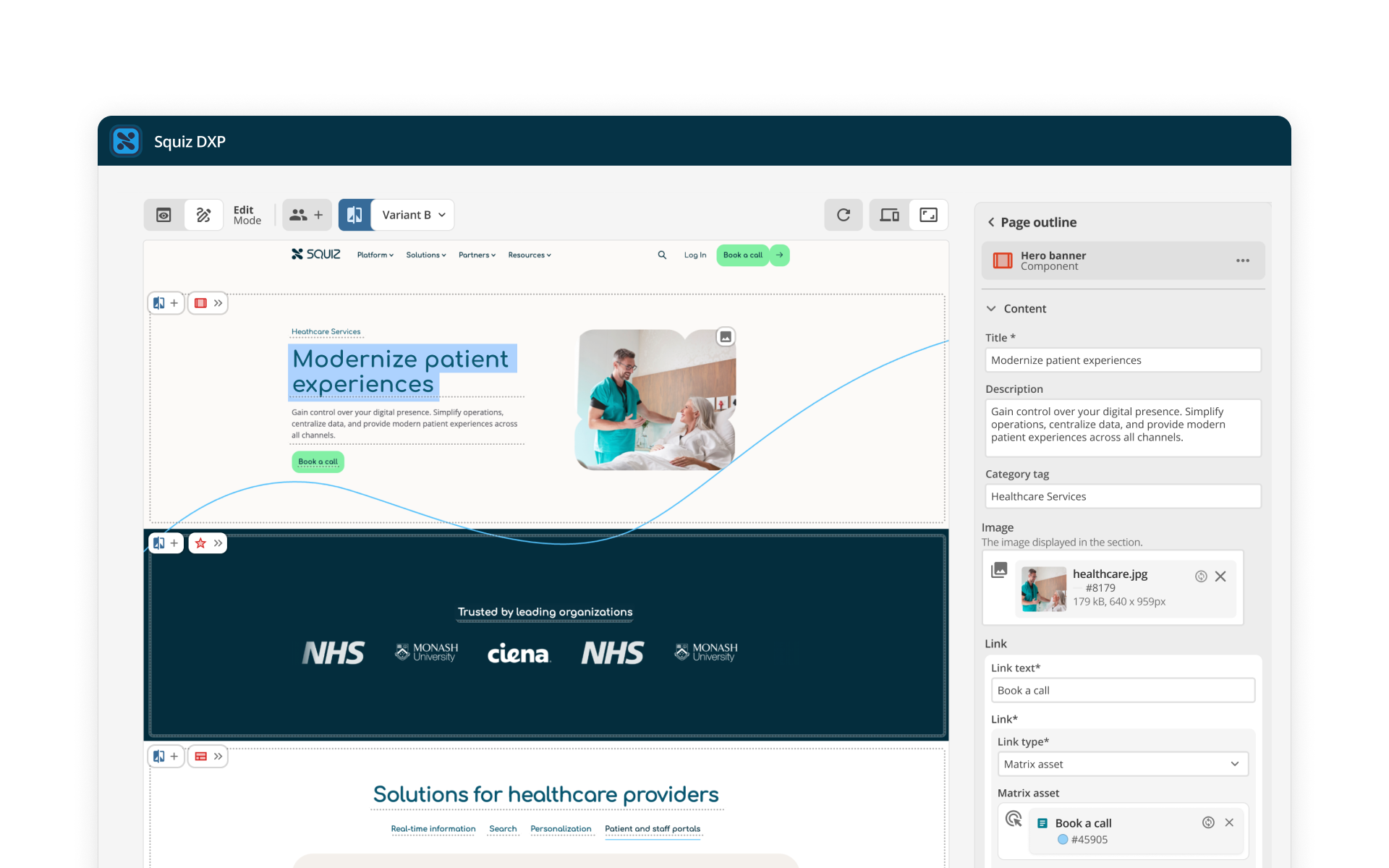 Squiz DXP's visual page builder, showing a healthcare services page within an inline editing interface. An editing panel on the right-hand side shows editable form fields that reflect the webpage components in the inline editing interface. 