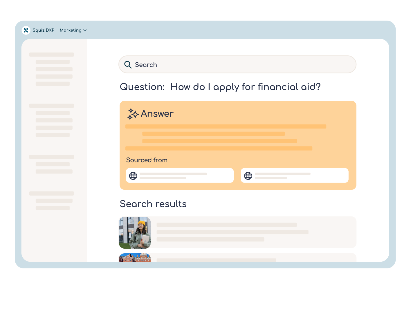 Conversational search interface displaying an AI-generated answer to a financial aid question, with sources and additional search results below.
