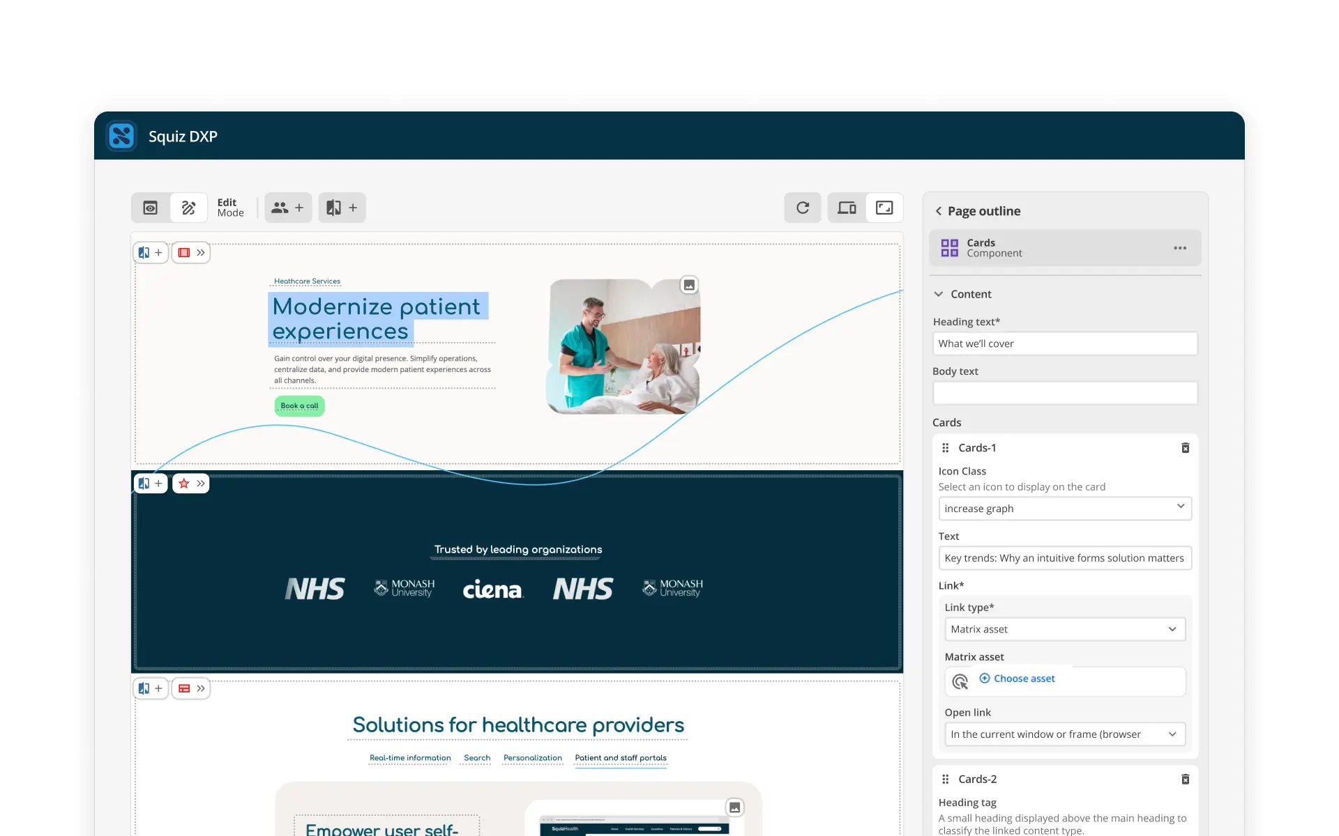 Squiz DXP's visual page builder, showing a healthcare services page within an inline editing interface. An editing panel on the right-hand side shows editable form fields that reflect the webpage components in the inline editing interface. 