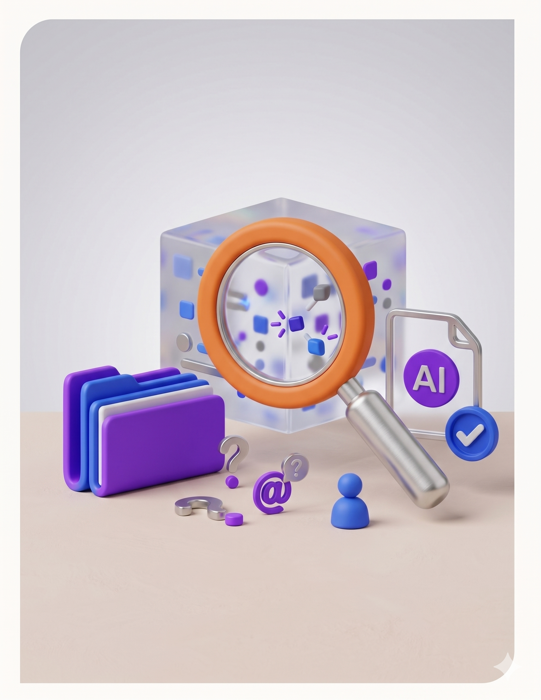 A 3D isometric illustration shows an orange-rimmed magnifying glass centered over a clear, partially frosted cube with colorful purple, blue, and teal geometric shapes inside. Surrounding the cube and magnifying glass are various digital and informational icons arranged on a plain light surface:  to the left, a stack of two file folders, one large bright purple and one small light blue;  in the foreground, three small silver metallic-finished question marks, one blue abstract person silhouette icon, and a small purple @ (at) symbol;  to the right, a large white flat-style folder icon with a purple circle in the center containing the white capital letters 