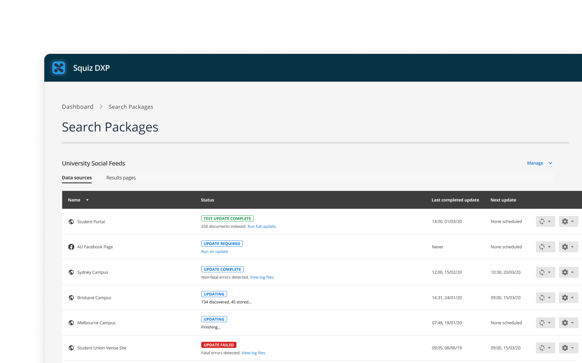 Screenshot of a search package management tool showing the status of various data sources used for creating purpose-built knowledge bases. The interface includes data source names, update statuses (e.g., 