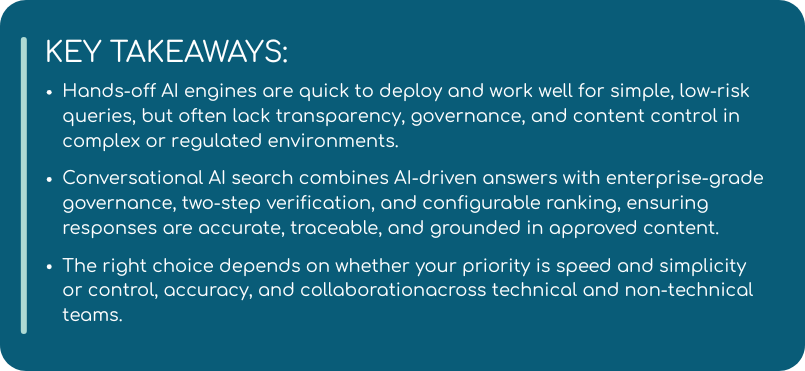 The image is a dark teal rectangular banner with rounded corners, titled “KEY TAKEAWAYS:” in bold white capital letters. It lists three white bullet points: the first says that hands-off AI engines are fast to deploy and work for simple, low-risk queries but often lack transparency, governance, and content control in complex or regulated environments; the second states that conversational AI search combines AI-driven answers with enterprise-grade governance, two-step verification, and configurable ranking to ensure responses are accurate, traceable, and based on approved content; the third notes that the best choice depends on whether the priority is speed and simplicity or control, accuracy, and collaboration across technical and non-technical teams.