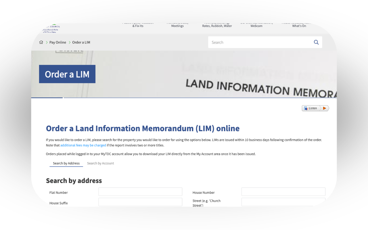 Screenshot of Timaru District Council LIM form request page