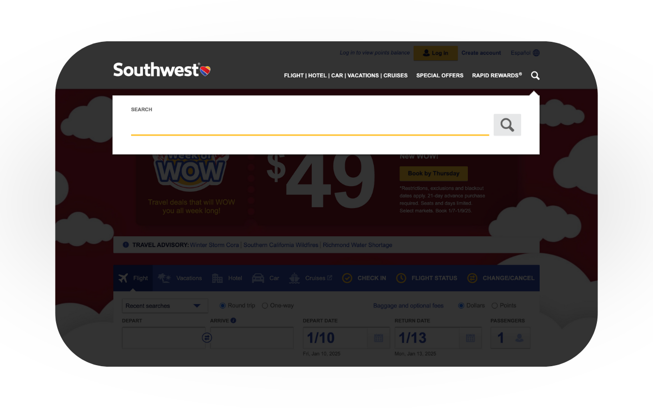 Screenshot of Southwest Airlines search bar