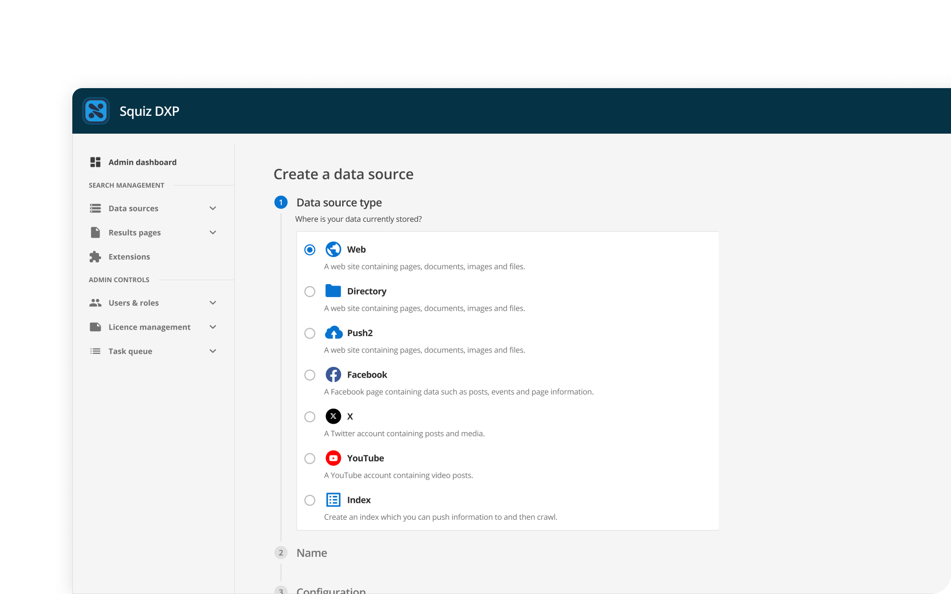 Admin interface showing a data source selection screen with various content options including Web, Directory, Push2, Facebook, X, YouTube, and Index for search configuration.