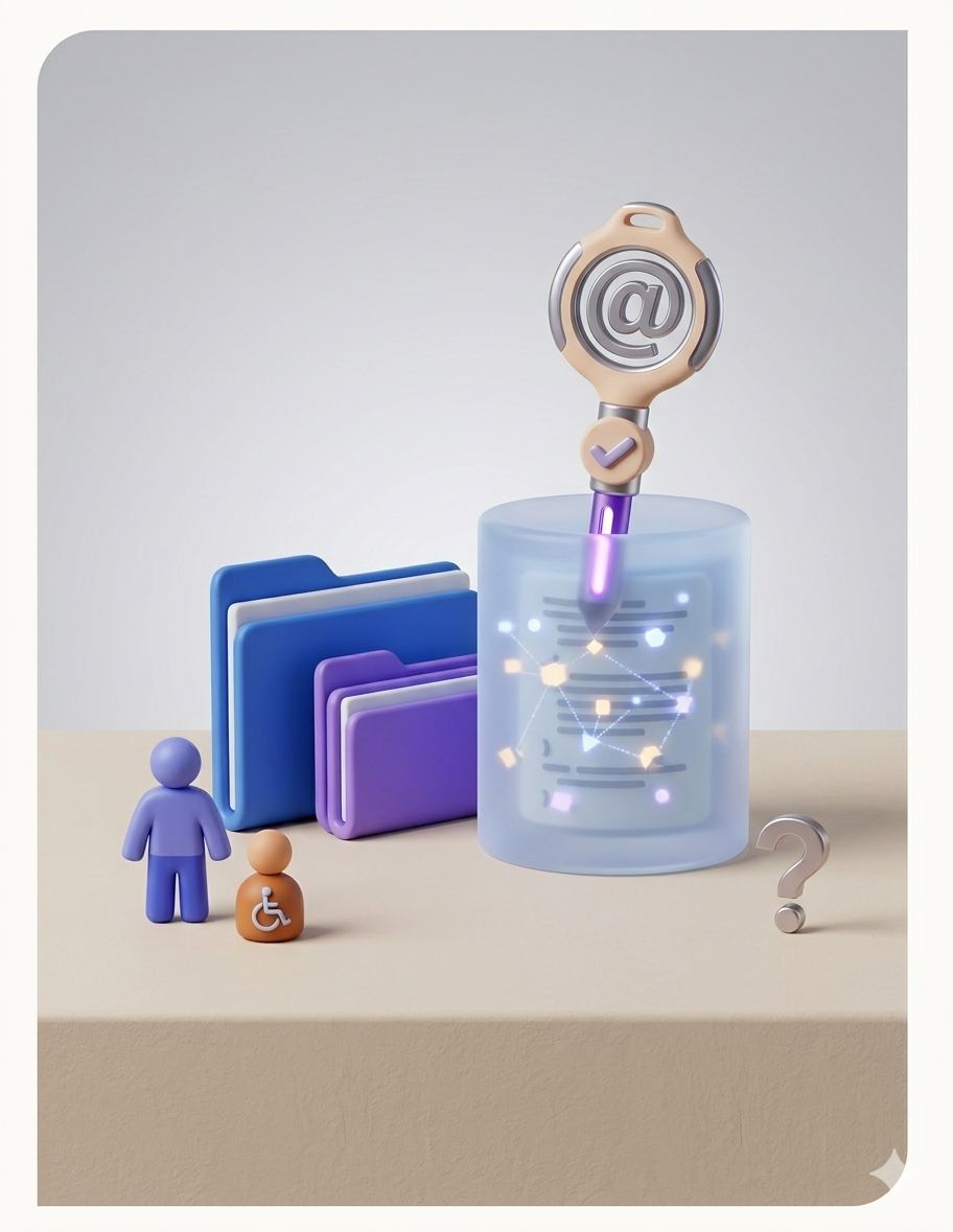 A 3D isometric illustration of a digital accessibility audit. A central large, orange magnifying glass inspects a glowing, translucent blue database cylinder filled with lines of data and scattered geometric particles. Within the glass, a stylized person icon and various symbols are highlighted. To the left are stacked blue and purple folders. In the foreground, there is an orange icon of a person using a wheelchair, a blue person icon, and a metallic '@' symbol. The overall aesthetic is clean and modern, set on a light tan surface against a neutral grey gradient background with a soft shadow.
