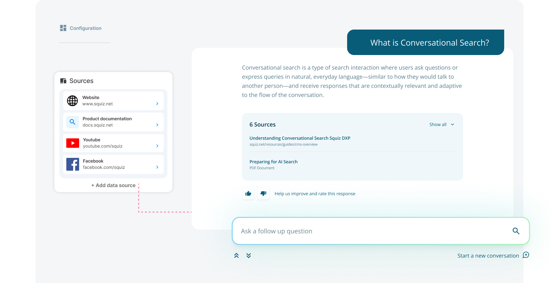 Example Squiz interface showing how Squiz Conversational Search creates AI answers from your provided content only