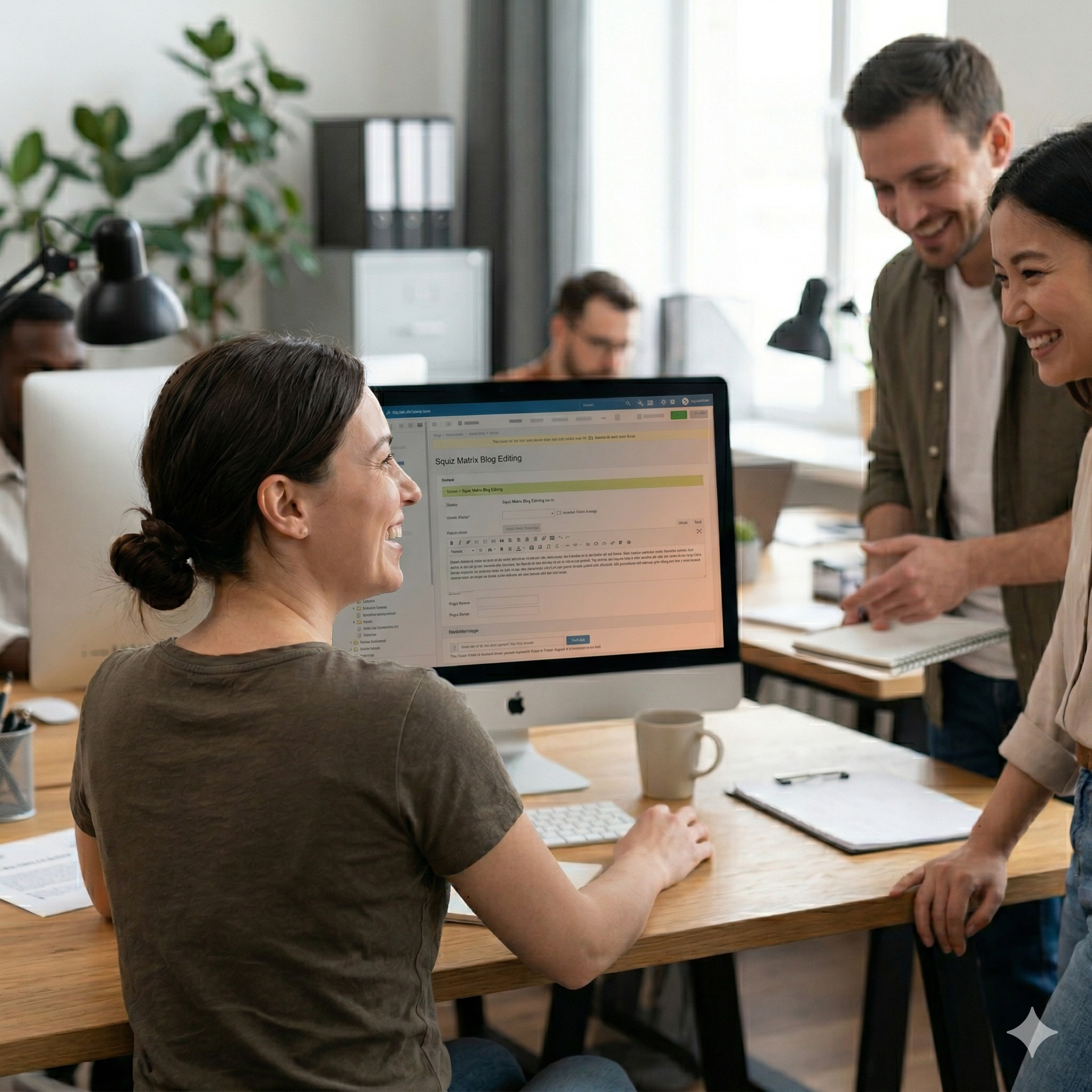 Image of a marketing team smiling and woman working at her laptop editing a web page