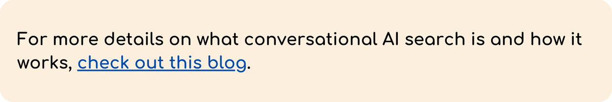 The image contains a rectangular banner with a light orange background and rounded corners. It features black text that reads, “For more details on what conversational AI search is and how it works,” followed by a blue, underlined hyperlink that says “check out this blog.”