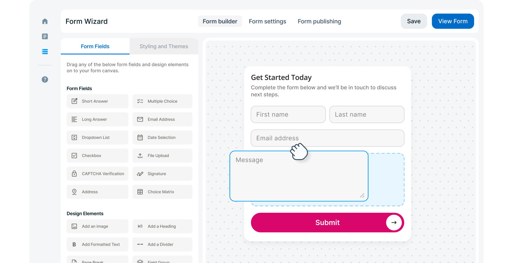 Example Squiz interface showing a website form building tool