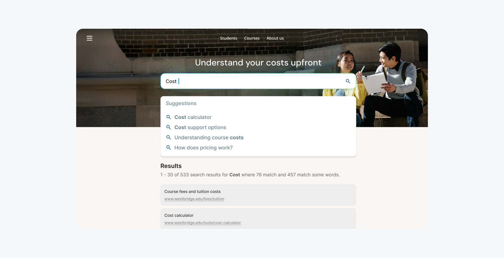 Example Squiz interface search text suggestions