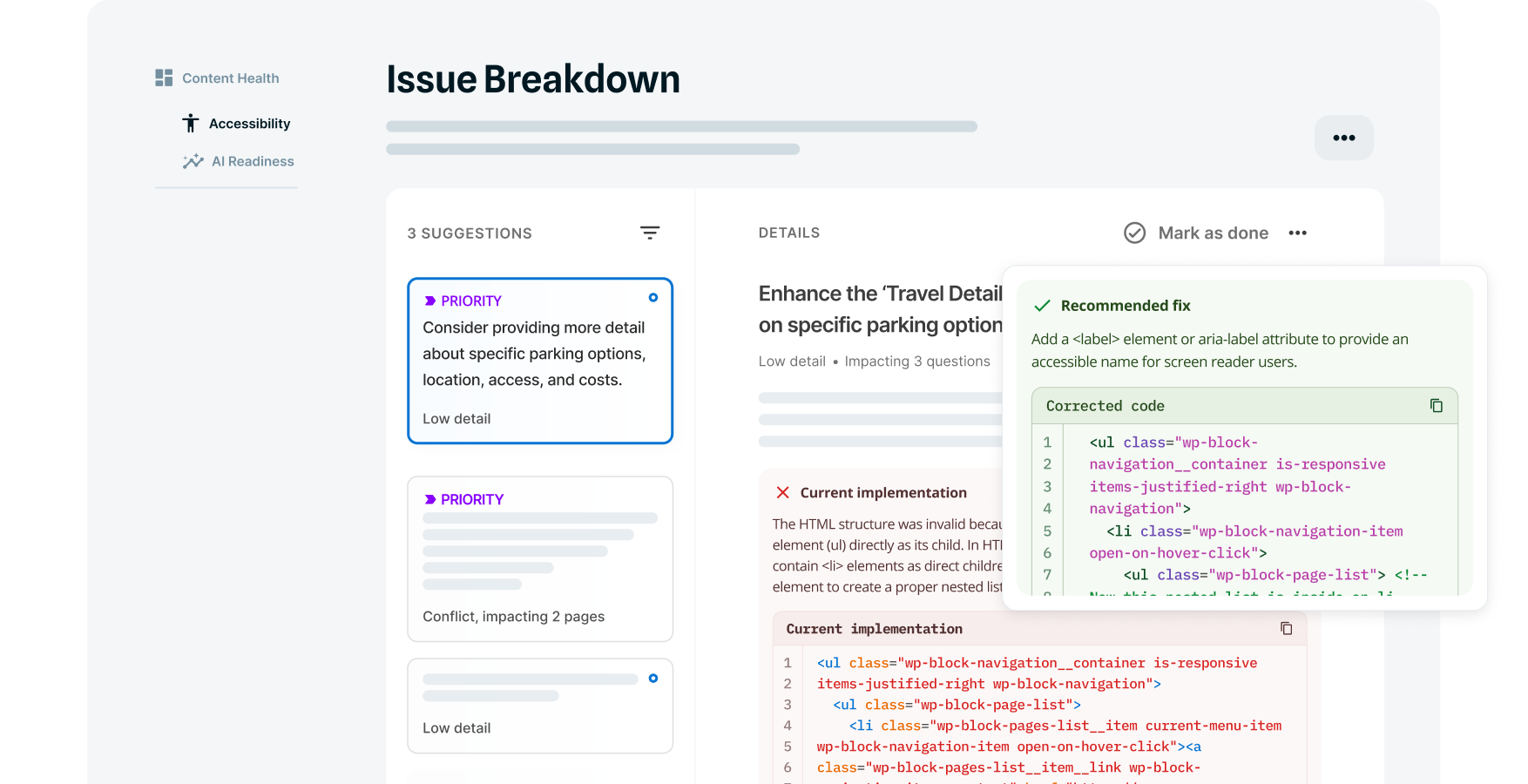 Example Squiz interface breakdown of content optimization points